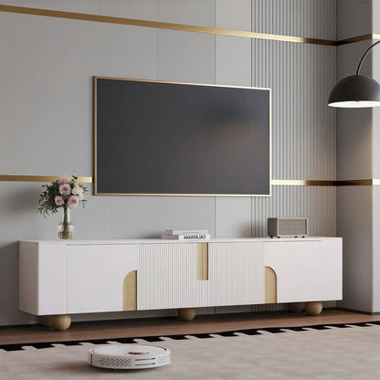 Weißer TV-Schrank 180 cm, 4 Türen, elegantes Design, Marmoroptik-Oberfläche, kugelförmige Holzfüße