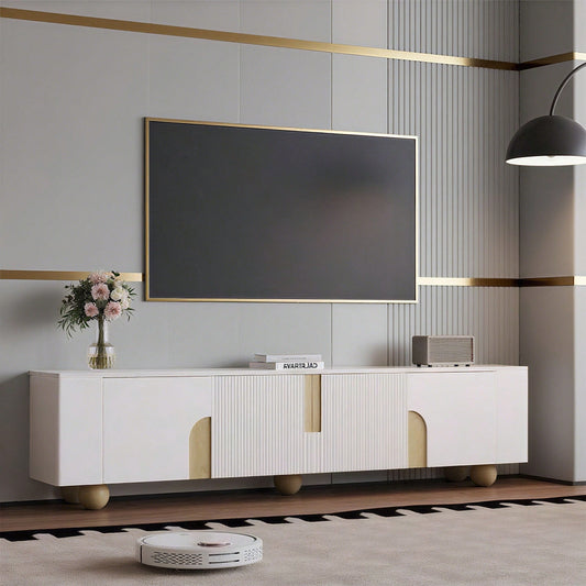 Weißer TV-Schrank 180 cm, 4 Türen, elegantes Design, Marmoroptik-Oberfläche, kugelförmige Holzfüße
