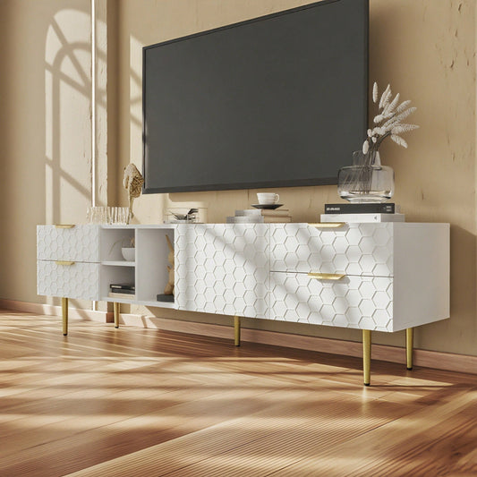 TV-Schrank, lowboard mit strukturierten Türen, TV-Möbel mit Schubladen, offenen Fächern, goldenen Griffen und goldenen Füßen