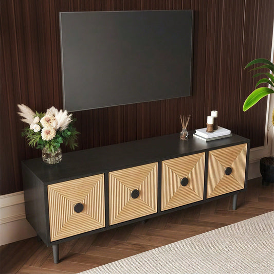 Moderner schwarzer TV-Schrank – 150 x 38 x 55 cm, niedrige Lowboard aus Bambus, TV-Schrankmöbel mit Stauraum