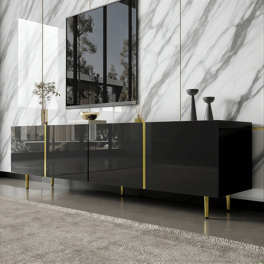 Schwarzes Hochglanz-TV-Schrank mit 4 Türen, modern und schlicht, in Schwarz-Gold-Farbkombination