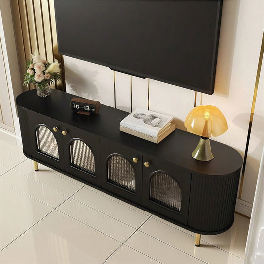 TV-Schrank, Lowboard mit Glastüren, praktische Aufbewahrungsmöbel fürs Wohnzimmer, goldene Griffe und Beine