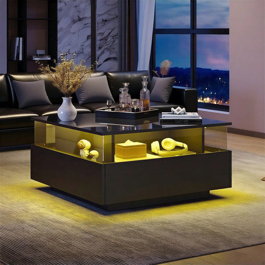Modernes Hochglanz-LED-Couchtisch Kaffeetisch 70*70*41cm mit 2 Schubladen und transparentem Präsentationsbereich – Belastbar bis 30 kg, ideal für stilvolle Wohnzimmer