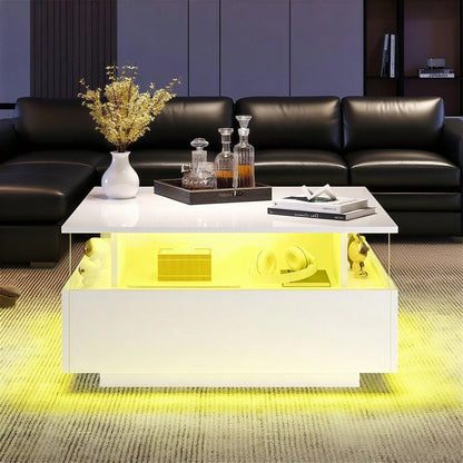 Modernes Hochglanz-LED-Couchtisch Kaffeetisch 70*70*41cm mit 2 Schubladen und transparentem Präsentationsbereich – Belastbar bis 30 kg, ideal für stilvolle Wohnzimmer