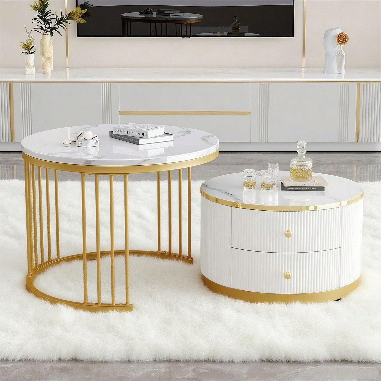 Elegantes 2-teiliges, weißes Couchtisch-Set in Nestform, 60*60*45.5cm & 50*50*32cm, runde Tische mit hochglänzender Marmoroptik, 2 Schubladen, bis 30kg belastbar,Nesting-Kombination Couchtisch