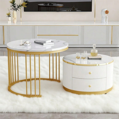 Elegantes 2-teiliges, weißes Couchtisch-Set in Nestform, 60*60*45.5cm & 50*50*32cm, runde Tische mit hochglänzender Marmoroptik, 2 Schubladen, bis 30kg belastbar,Nesting-Kombination Couchtisch