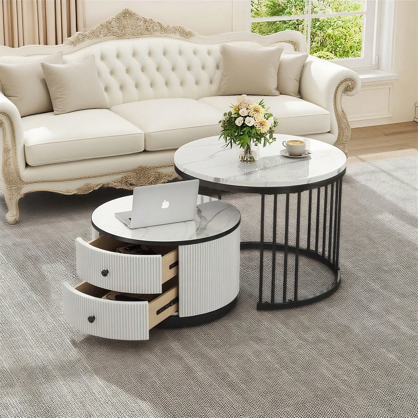Elegantes 2-teiliges, weißes Couchtisch-Set in Nestform, 60*60*45.5cm & 50*50*32cm, runde Tische mit hochglänzender Marmoroptik, 2 Schubladen, bis 30kg belastbar,Nesting-Kombination Couchtisch