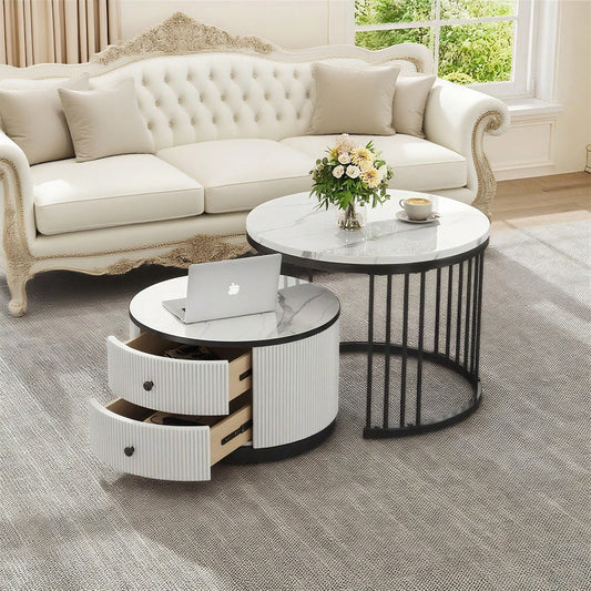 Elegantes 2-teiliges, weißes Couchtisch-Set in Nestform, 60*60*45.5cm & 50*50*32cm, runde Tische mit hochglänzender Marmoroptik, 2 Schubladen, bis 30kg belastbar,Nesting-Kombination Couchtisch