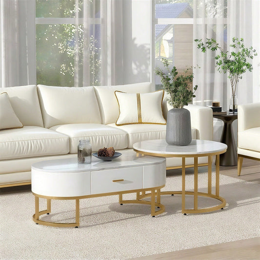 Couchtische 2-teilig Tischgestell Metall Gold, Edle Wohnzimmertische, Moderne Satztische