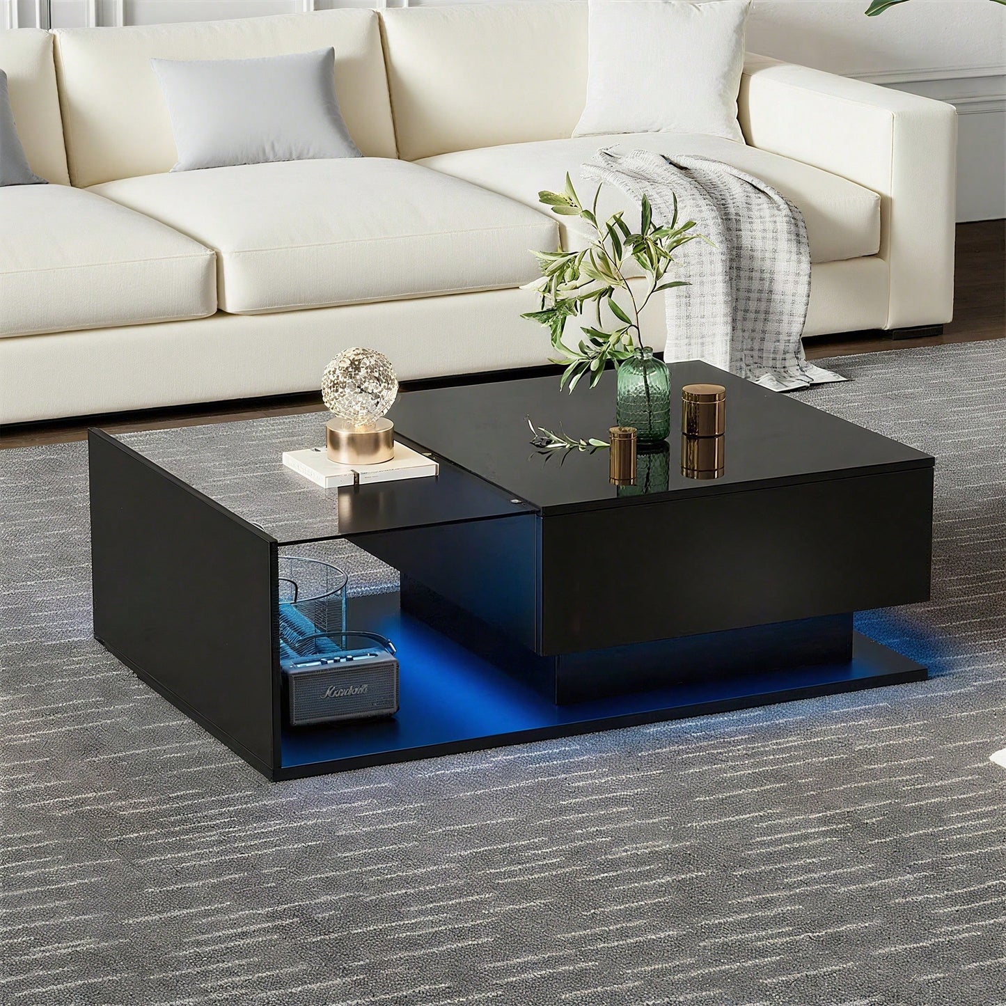 Hochglanz schwarzer Couchtisch 100x50x32 cm - mit Glasplatte und Schubladen, kratzfest, mit 1 Schublade, mit LED-Beleuchtung, moderner Stil