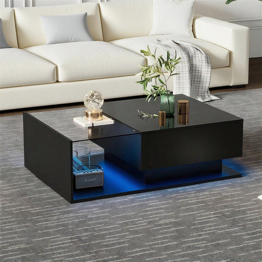 Hochglanz schwarzer Couchtisch 100x50x32 cm - mit Glasplatte und Schubladen, kratzfest, mit 1 Schublade, mit LED-Beleuchtung, moderner Stil