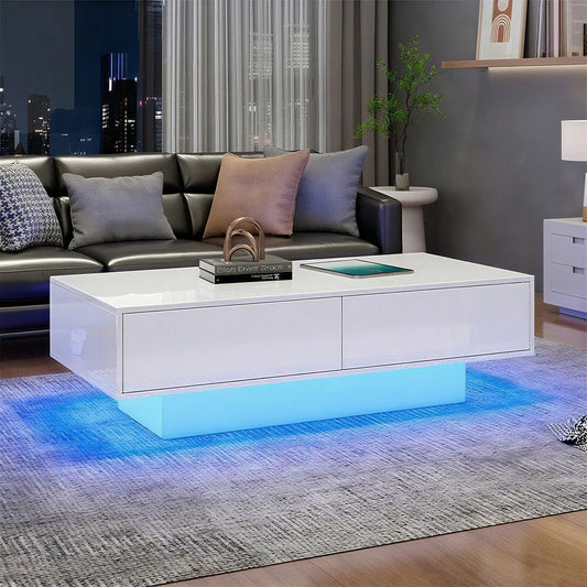 Moderner Hochglanz Couchtisch in Weiß, 115 x 55 x 34 cm, mit 2 Schubladen, LED-Beleuchtung und 30 kg Tragkraft – Eleganter Wohnzimmertisch