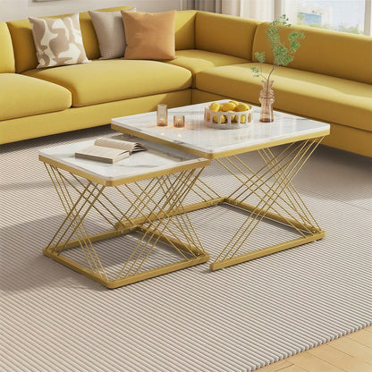 Stilvolles 2-teiliges Couchtisch-Set, quadratische Tische in 60*60*45cm & 45*45*40cm, hochglänzende Marmoroptik, höhenverstellbare Füße, bis 30kg belastbar,Hochglanz-Kombi-Couchtisch