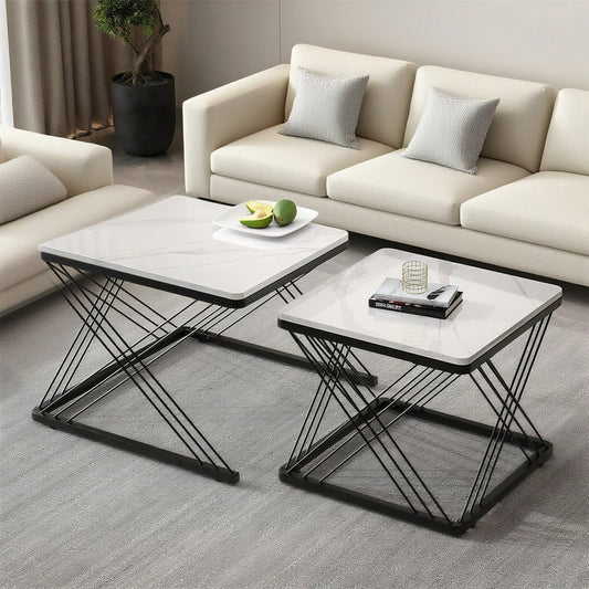Stilvolles 2-teiliges Couchtisch-Set, quadratische Tische in 60*60*45cm & 45*45*40cm, hochglänzende Marmoroptik, höhenverstellbare Füße, bis 30kg belastbar,Hochglanz-Kombi-Couchtisch