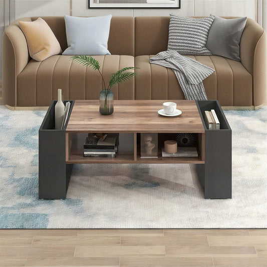 Couchtisch aus Holzmaserung, mit Eine grifflose Schublade, ein Staufach und Heckstaufach,doppelseitiger Stauraum. Mit Staufächern auf beiden Seiten. Wohnzimmer-Sofatisch, großer Stauraum. Anthrazit.