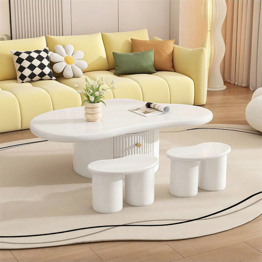 Unregelmäßiger Couchtisch in Wolkenform mit 2 Hockern, 97cm Länge, 67cm Breite, 32cm Höhe, MDF-Tischplatte, inkl. 2 Schubladen und Filzunterlagen,Couchtisch mit 2 kleinen Bänken