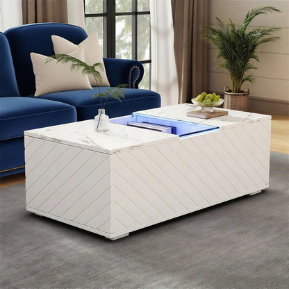 Weißer Couchtisch 100x50x35cm mit Marmoroptik, LED-Beleuchtung, Glas-Element und 2 Schubladen – Belastbar bis 20 kg, modernes Design