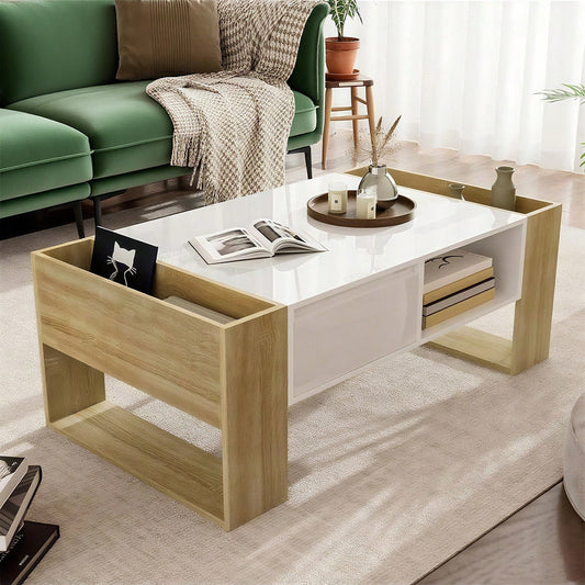 Moderner Couchtisch 105 x 60 x 40 cm - teilweise hochglanz, mit Schubladen und offenen Fächern