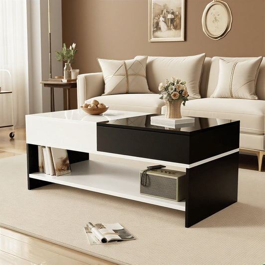Moderner Couchtisch mit 2 Schubladen – Schwarz-Weiß-Design, Stauraum, Hochglanz-Tischplatte, 100 cm lang