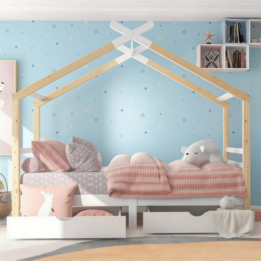 Kinderbett Hausbett mit Schubladen, Massivholz mit Lattenrost, Kiefernholz Hausbett , Kinder und Jugendzimmer, weiß+holzfarbe (90x200cm)