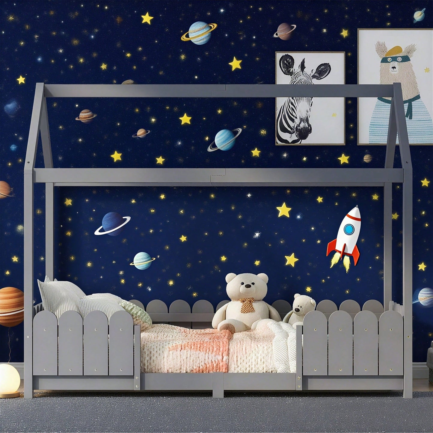 Hausbett 90x200 cm - vielseitiges Holz Kinderbett für Jungen & Mädchen - Mit Rausfallschutz und Lattenrost – Grau (Ohne Matratze)