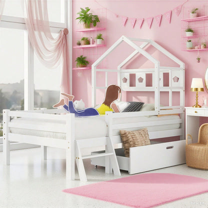 Hausbett Kinderbett mit Leiter und Schubladen, inkl. Lattenrost,Hochbett Massivholz mit Rausfallschutz 90x200cm Weiß