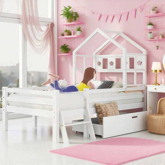 Hausbett Kinderbett mit Leiter und Schubladen, inkl. Lattenrost,Hochbett Massivholz mit Rausfallschutz 90x200cm Weiß