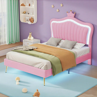 Kinderbett Polsterbet 90 x 200 cm, Bettgestell für Mädchen, weißes Kronen-Doppelbettgestell aus PU-Leder mit LED-Leuchten, Matratze nicht enthaltet,Lattenrost und Rückenlehne