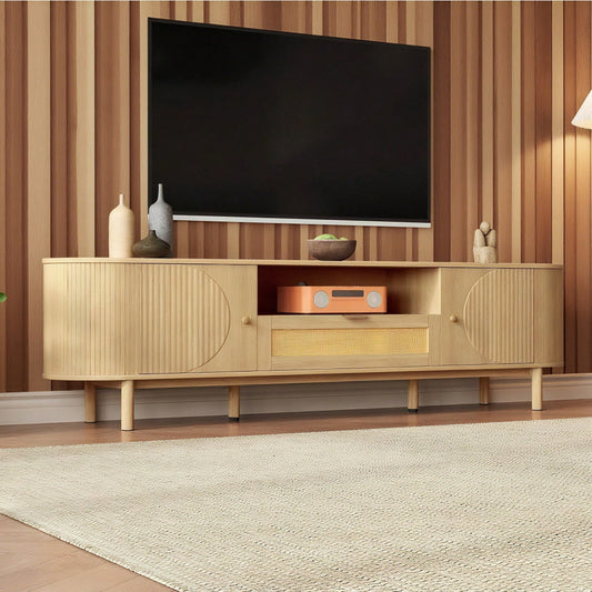 Moderner TV-Schrank mit Rattan-Schubladen & offenen Fächern – Abgerundete Tischplatte auf Metallbeinen (Holzoptik) – Multifunktionales Wohnzimmermöbel