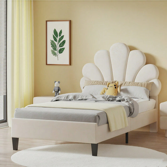 Polsterbett Kinderbett 90 x 200 cm, Bettgestell mit Kopfteil in Blumenform und Lattenrost, Teenie-Mädchenbett in hautfreundlichem Samtstoff, Gästebett (Farbe: Beige)