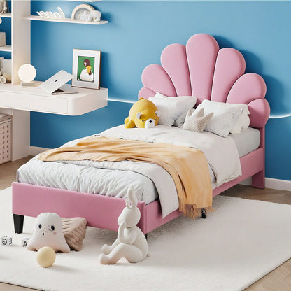 Polsterbett Kinderbett 90 x 200 cm, Bettgestell mit Kopfteil in Blumenform und Lattenrost, Teenie-Mädchenbett in hautfreundlichem Samtstoff, Gästebett (Farbe: Beige)