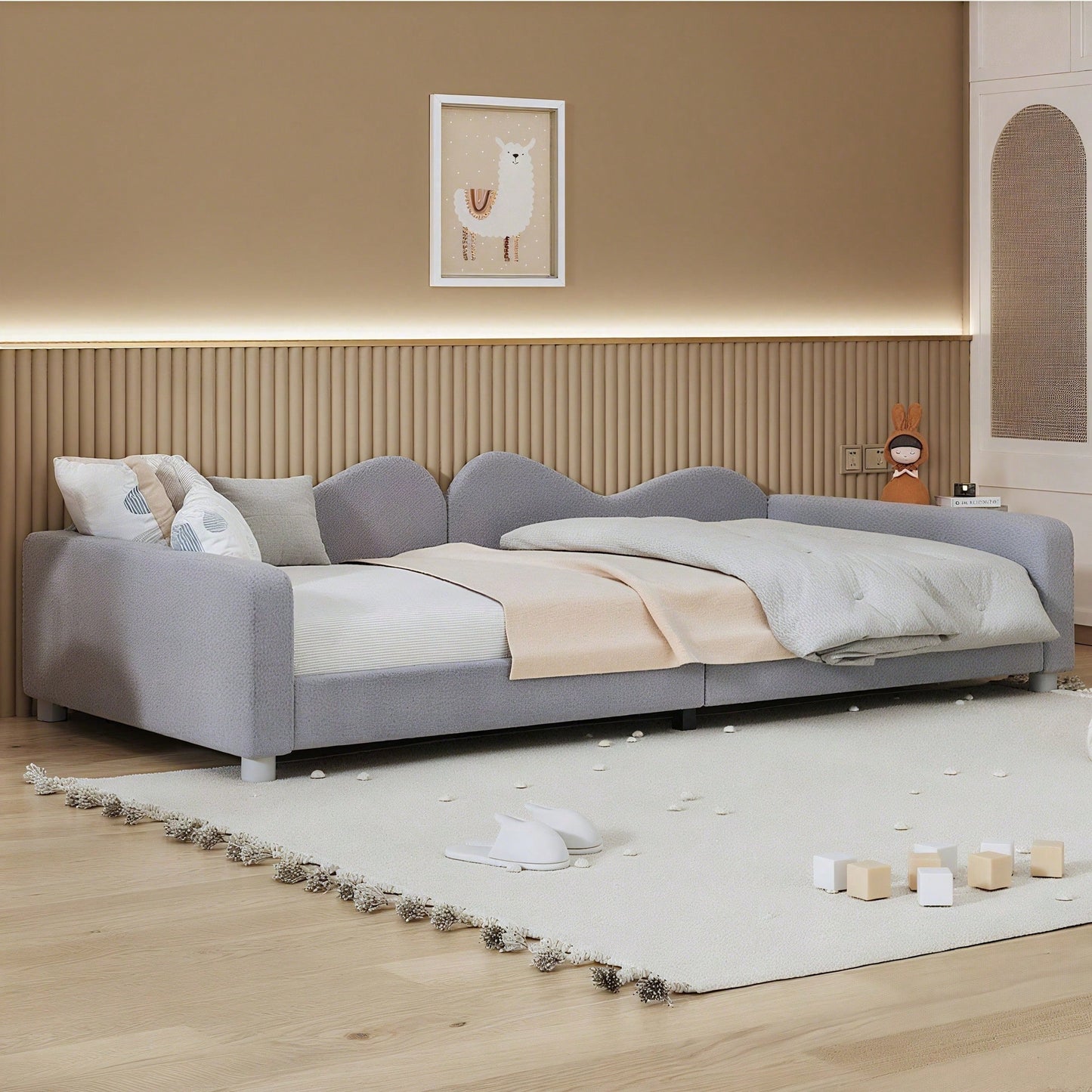 Kinderbett Polsterbett 90*200cm, Schlafsofa Bettgestell Teddystoff Multifunktionales weiches Bett mit Rückenlehne und Armlehnen Jugendbett Gästebett rosa