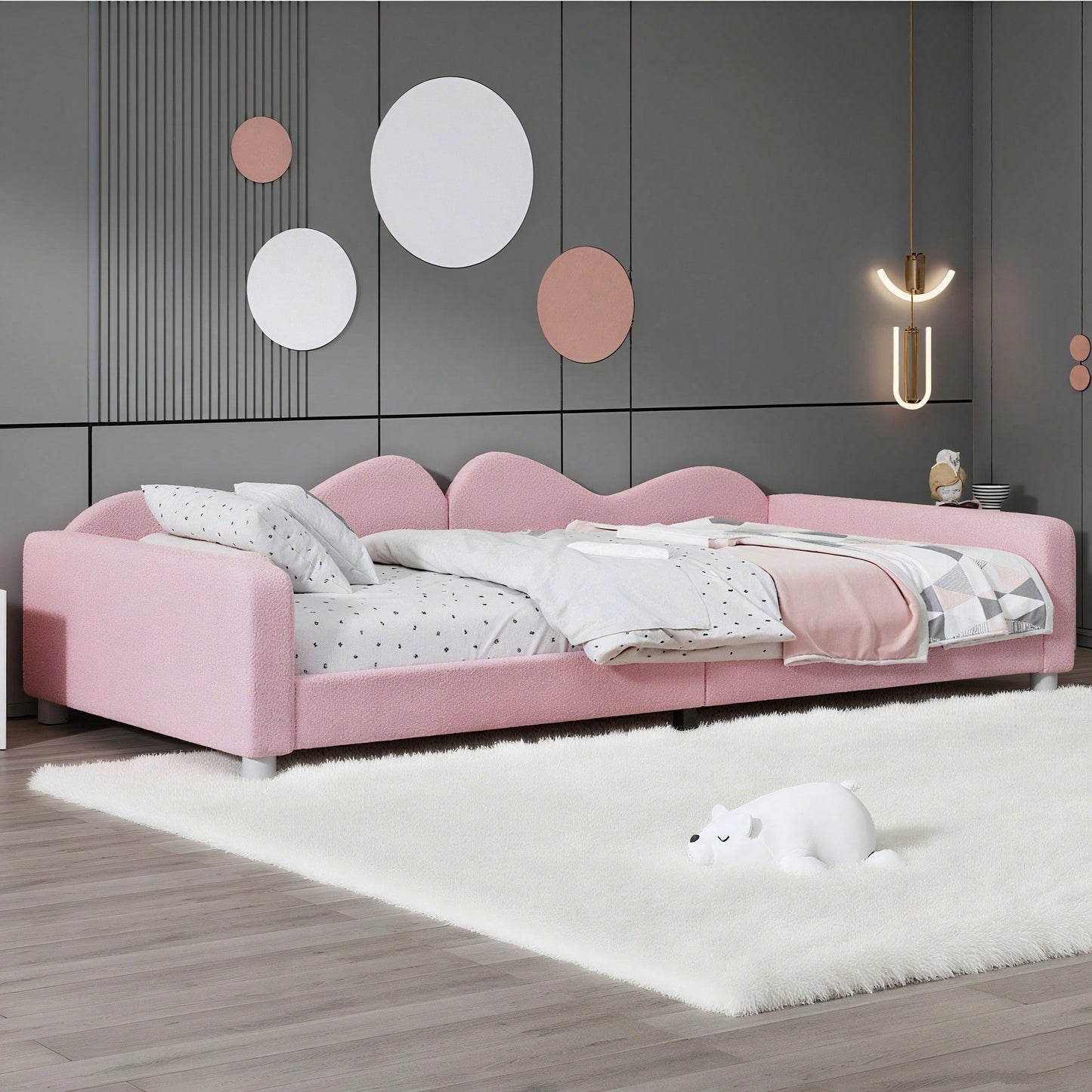 Kinderbett Polsterbett 90*200cm, Schlafsofa Bettgestell Teddystoff Multifunktionales weiches Bett mit Rückenlehne und Armlehnen Jugendbett Gästebett rosa