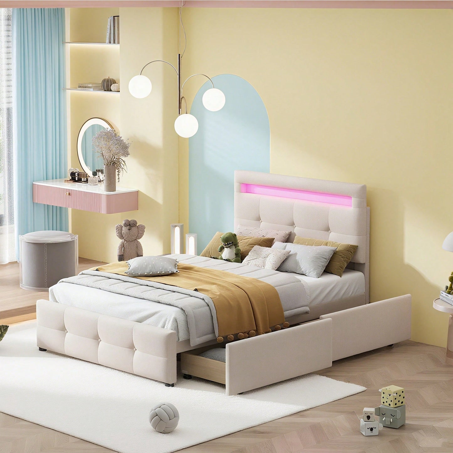 Polsterbett 90*200cm mit LED-Leuchten, 2 Schubladen, hautfreundlicher Leinenpolsterung flach Einzelbett Kinderbett Jugendbett Gästebett (Beige)