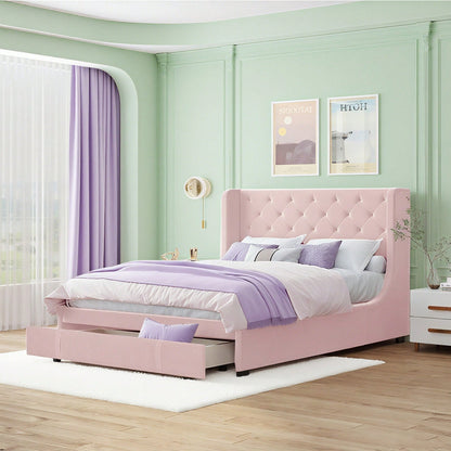 Polsterbett 140 x 200 cm, Doppelbett mit Lattenrost, Rückenlehne und großen Schubladen, Erwachsenen- und Jugenddoppelbett in Pro-Leinen-Stoff, Rosa