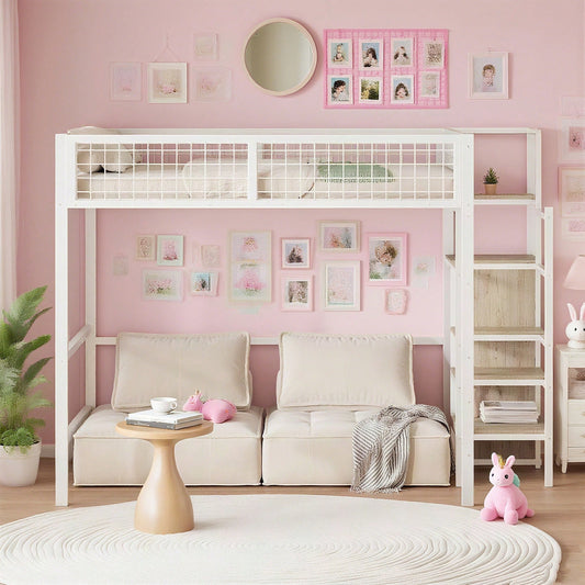 Hochbett 140*200 mit Leiter, Kinderbett mit Eisenrahmen und Aufbewahrungsregal, Kleiderschrank Weiß