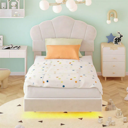 Polsterbett 90*200 cm, mit LED-Lichtleiste, Wolkenförmiges Kopfteil, Verstecktes Fußteil-Design, Kinderbett, Jungen- und Mädchenbett, Jugendbett, Samtstoff, Beige