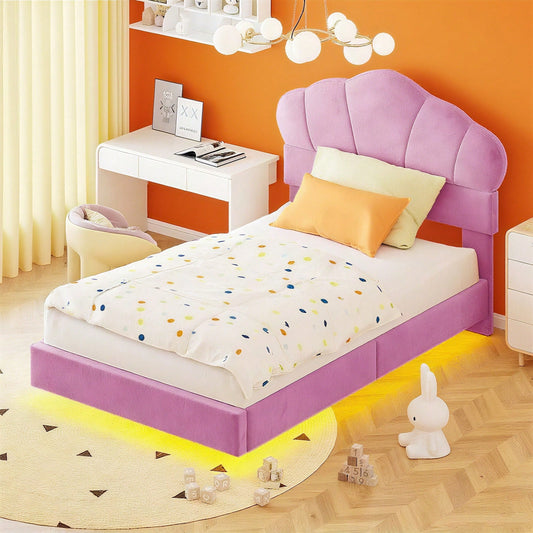 Polsterbett 90*200 cm, mit LED-Lichtleiste, Wolkenförmiges Kopfteil, Verstecktes Fußteil-Design, Kinderbett, Jungen- und Mädchenbett, Jugendbett, Samtstoff, Beige
