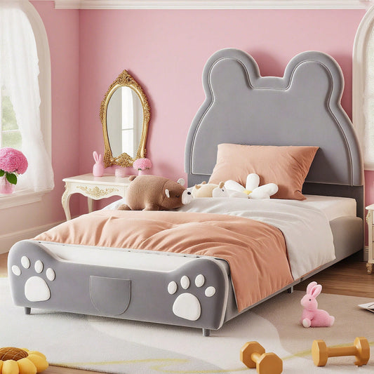 Polsterbett Schönes Kinderbett, 90 x 200 cm, Bärenform. Einzelbett aus hautfreundlichem Velours, grau