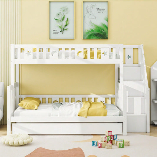 Kinderbett 90*200/140*200cm, Etagenbett aus Massivholz mit Sicherheitstreppe, Rollbett und Lattenrost, Weiß  Item Code: LDT00079AAK  Return Rate: N/