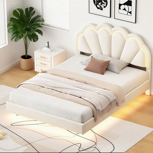 Polsterbett 140 x 200 cm, Gepolsterter Schwebebett Rahmen mit LED-Leuchten und Kopfteildesign, flächiges Doppelbett-Gästebett in hautfreundlichem Samtstoff Beige