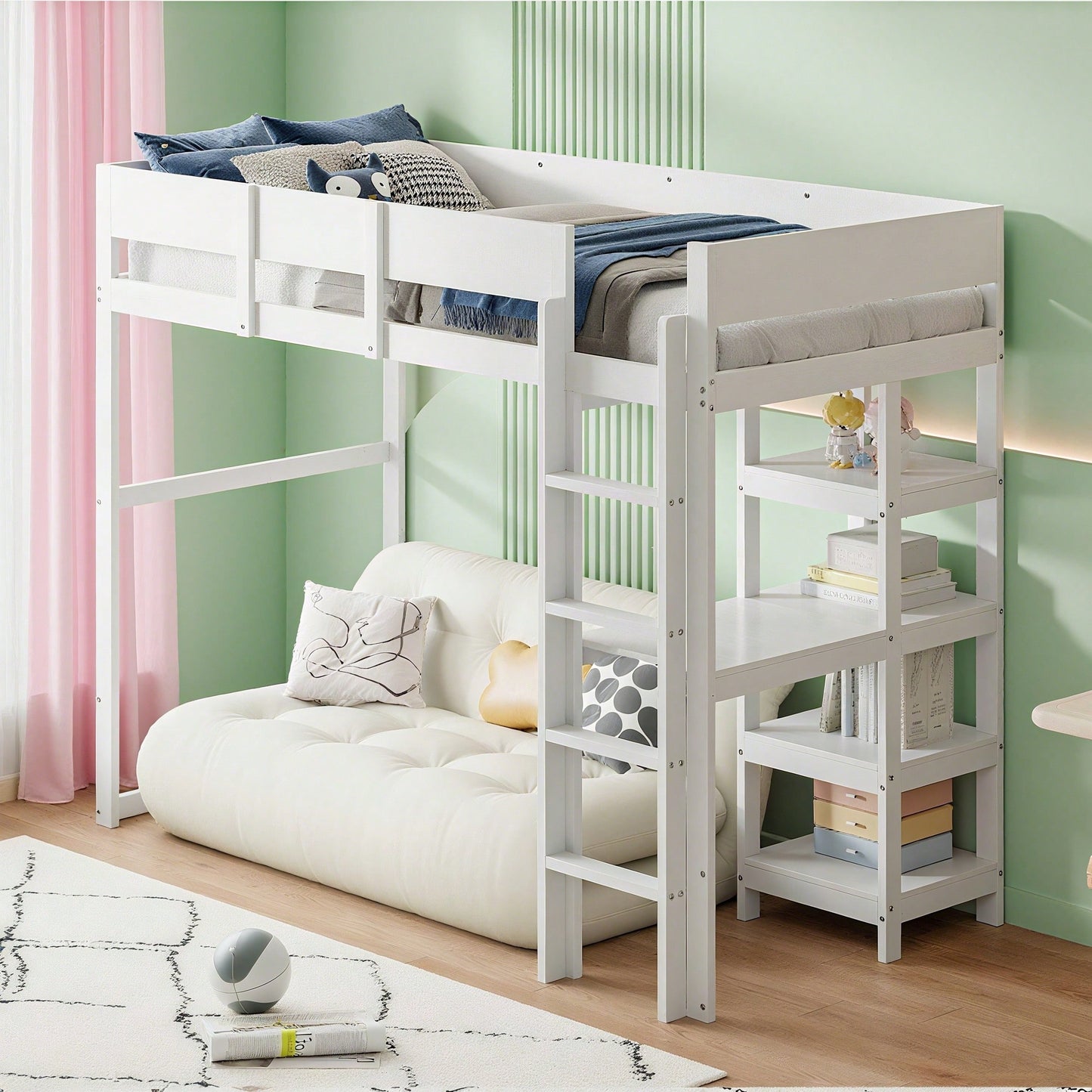 Hochbett mit Ablage 90 x 200 cm, Bettgestell aus massivem Kiefernholz mit Lattenrost,Bett für Kinder und Jugendliche Grau