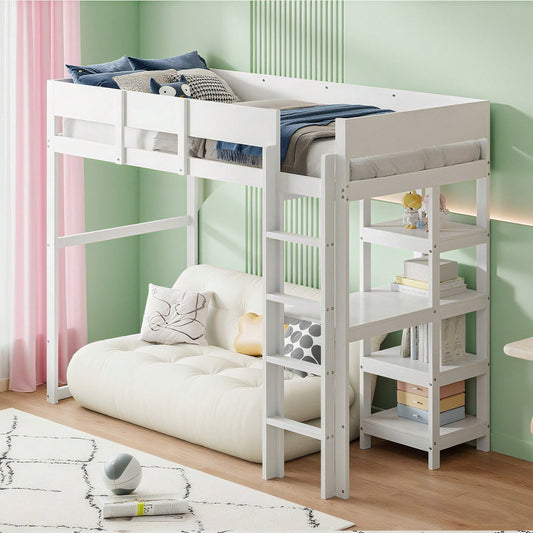Hochbett mit Ablage 90 x 200 cm, Bettgestell aus massivem Kiefernholz mit Lattenrost,Bett für Kinder und Jugendliche Grau