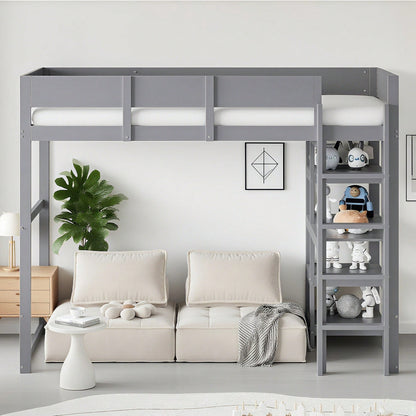 Hochbett mit Ablage 90 x 200 cm, Bettgestell aus massivem Kiefernholz mit Lattenrost,Bett für Kinder und Jugendliche Grau