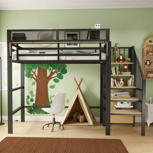Hochbett 90x200 mit Sicherheitsleiter und flexiblem Staufach, Metallbett Erwachsenenbett Kinder-Etagenbett Schwarz