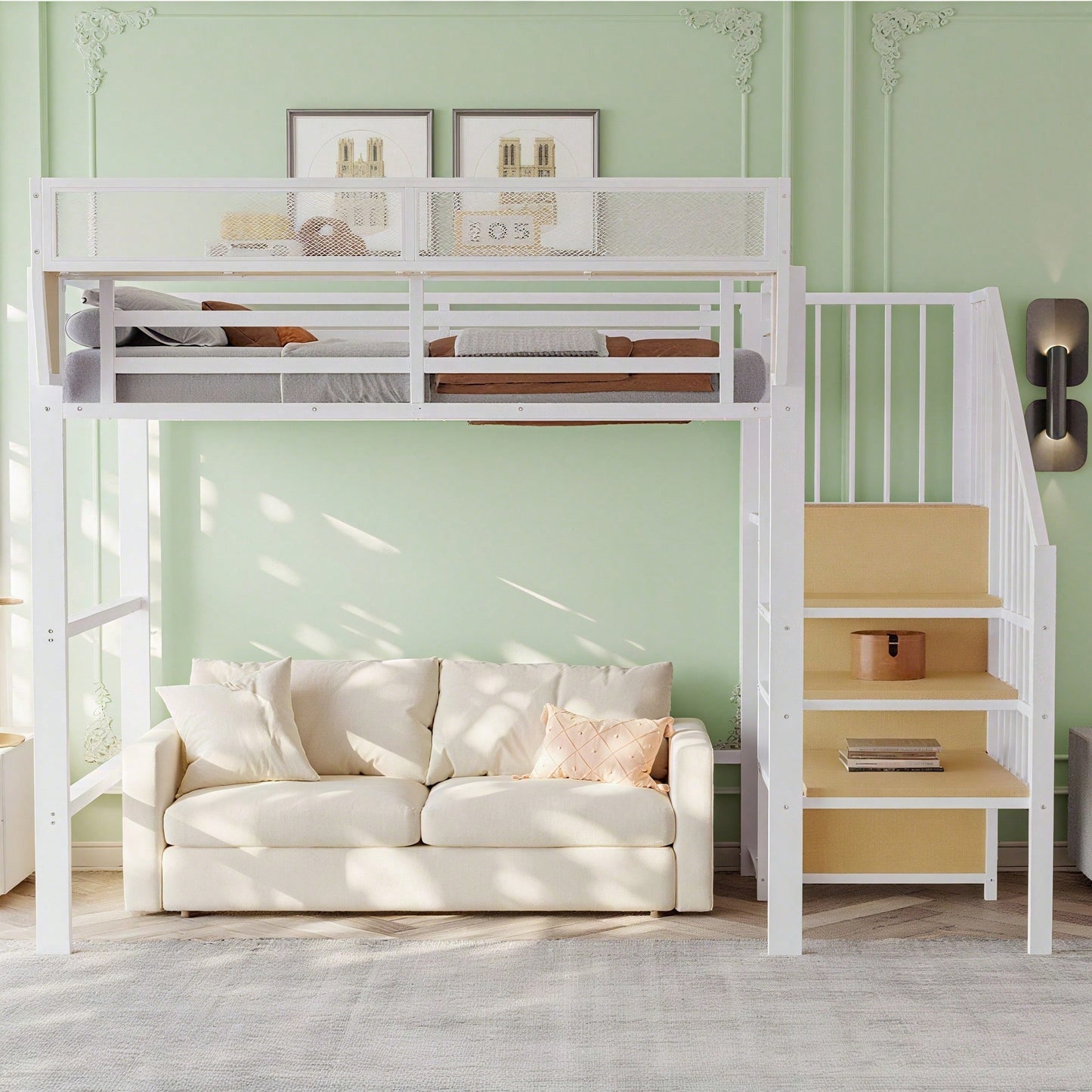 Hochbett 90x200 mit Sicherheitsleiter und flexiblem Staufach, Metallbett Erwachsenenbett Kinder-Etagenbett Schwarz