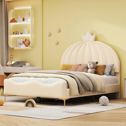 Kinderbett Polsterbett 140 * 200 cm, Cartoon-Kopfteil mit Kranzleiste, Bogenförmige Endgestaltung, Kunstlederstoff mit Lattenrost mit hohem Metallfußteil, Juniorbett Gästebett, Beige