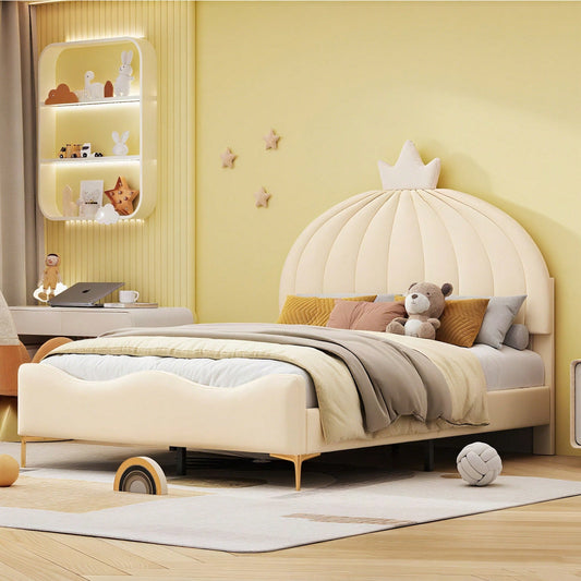 Kinderbett Polsterbett 140 * 200 cm, Cartoon-Kopfteil mit Kranzleiste, Bogenförmige Endgestaltung, Kunstlederstoff mit Lattenrost mit hohem Metallfußteil, Juniorbett Gästebett, Beige