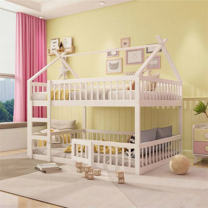 Kinder-Etagenbett 140*200, Kinder-Familienbett, Etagenbett mit Treppe, Loft Design, Massivholz-Etagenbett-Rahmen, Weiß
