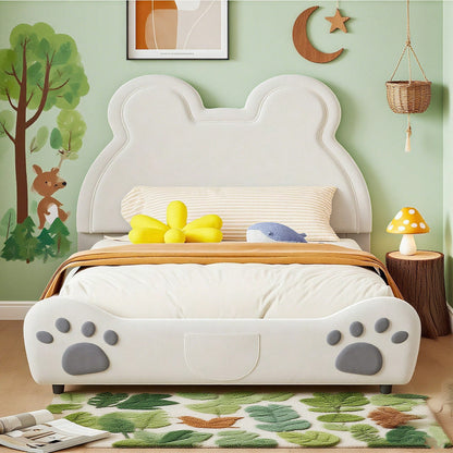 Polsterbett Schönes Kinderbett, 140 x 200 cm, Bärenform. Einzelbett aus hautfreundlichem Velours, weiße
